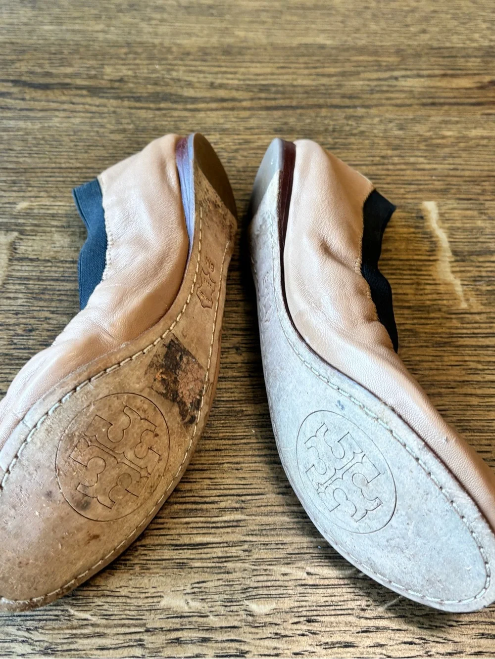 Tory Burch Minnie Travel Ballet Flats Nude Leather Logo Size 6M